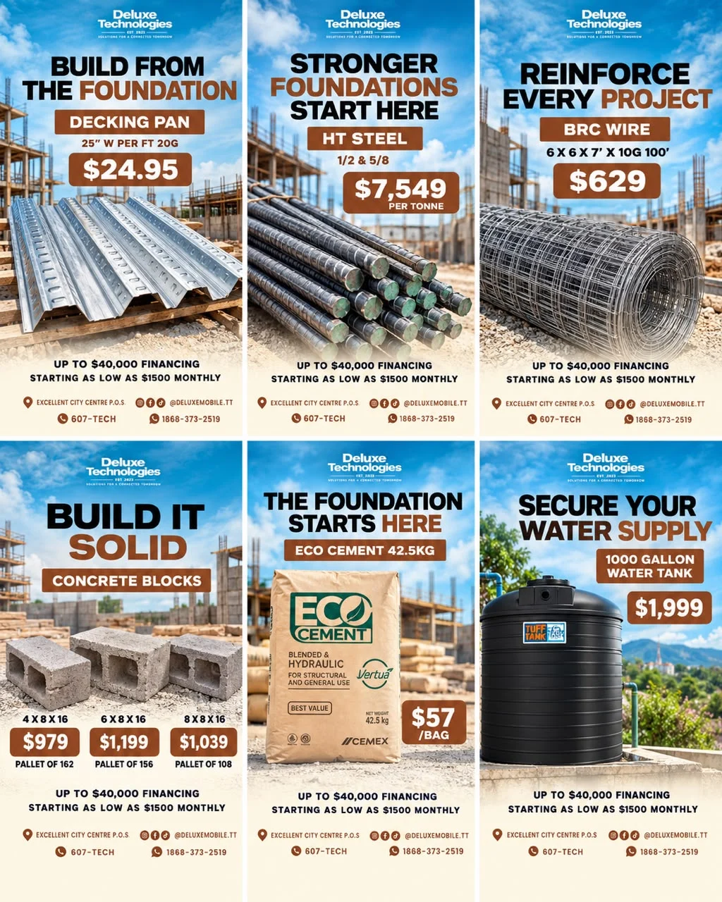 Building materials: decking pan $24.95 per ft, HT steel $7,549 per tonne, BRC wire $629, concrete blocks, Eco cement, 1000 gallon water tank $1,999