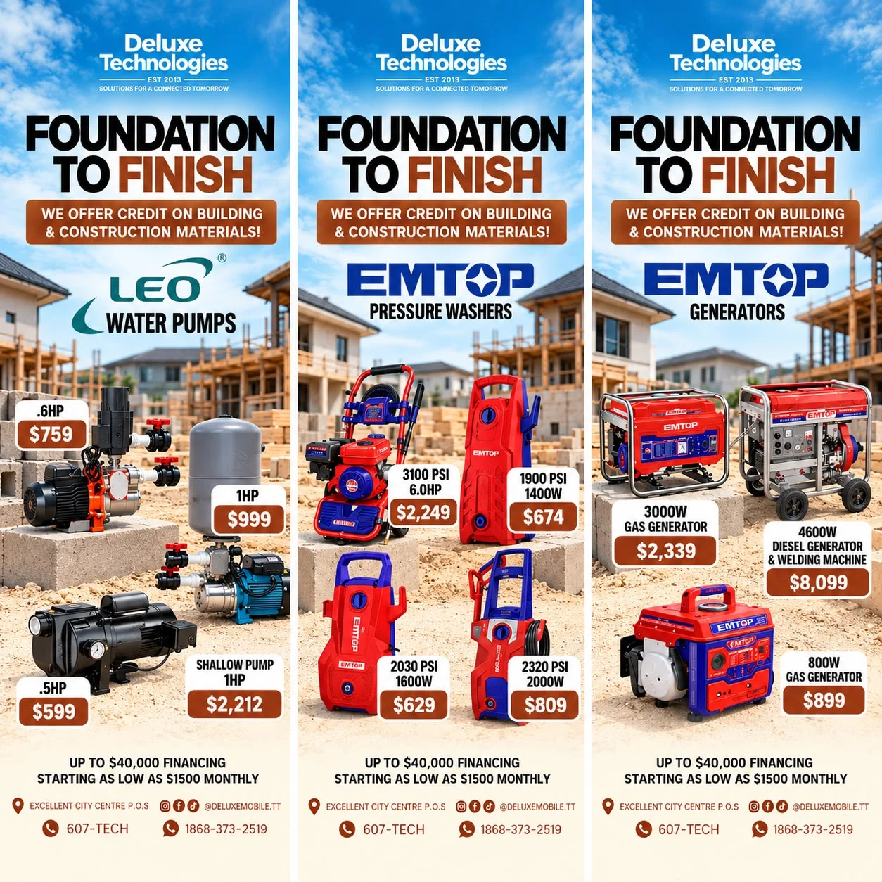 Foundation to Finish: Leo water pumps from $599, Emtop pressure washers from $629, Emtop generators from $899